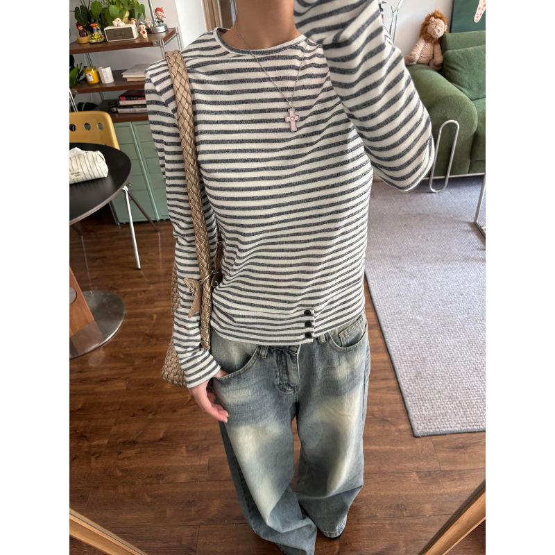 大码美式下摆排扣条纹长袖t恤女