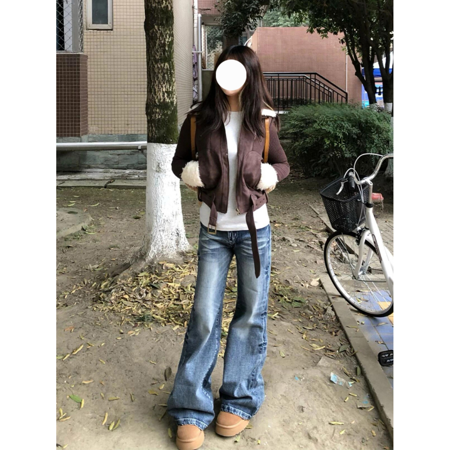 大码美式辣妹水洗折痕微喇牛仔裤