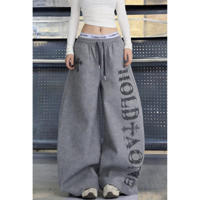 大码美式高街字母印花休闲卫裤女