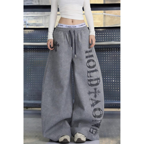 大码美式高街字母印花休闲卫裤女