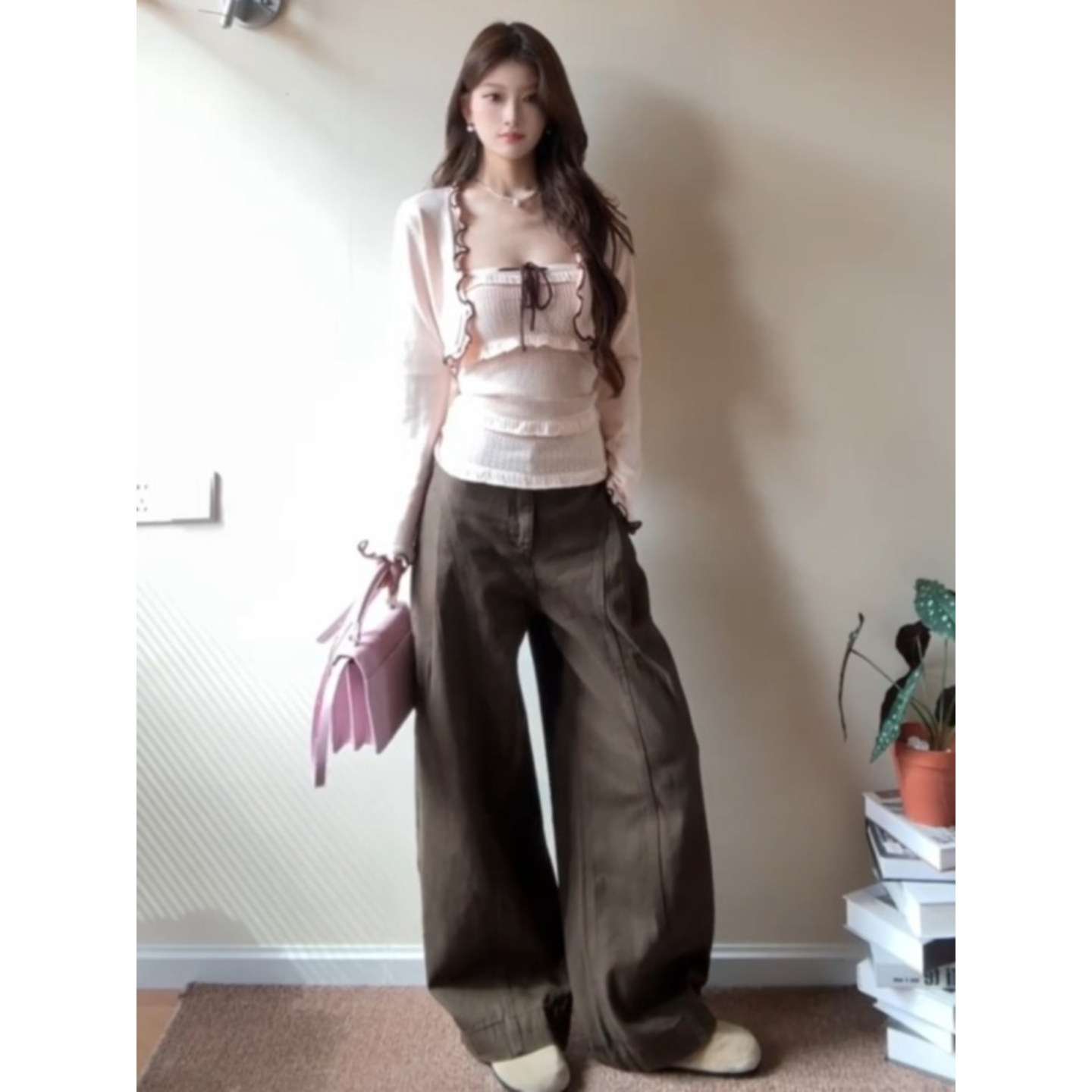 大码美拉德咖色立体裁剪弯刀裤女