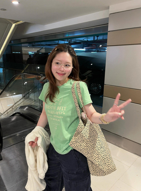 大码胖mm美式慵懒风绿色休闲短袖T恤女夏季宽松圆领修身气质上衣