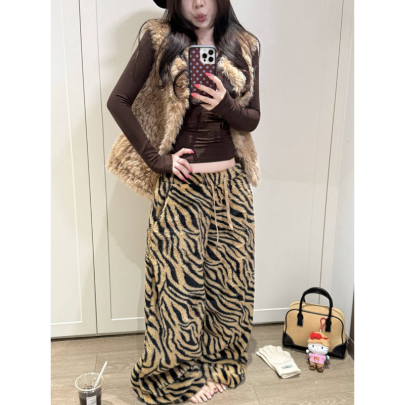 大码美式辣妹豹纹毛绒休闲裤女