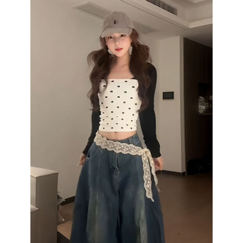 大码美式辣妹波点拼接长袖t恤女