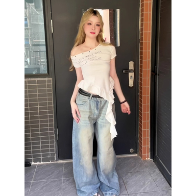 大码辣妹花边飘带斜肩短袖t恤女