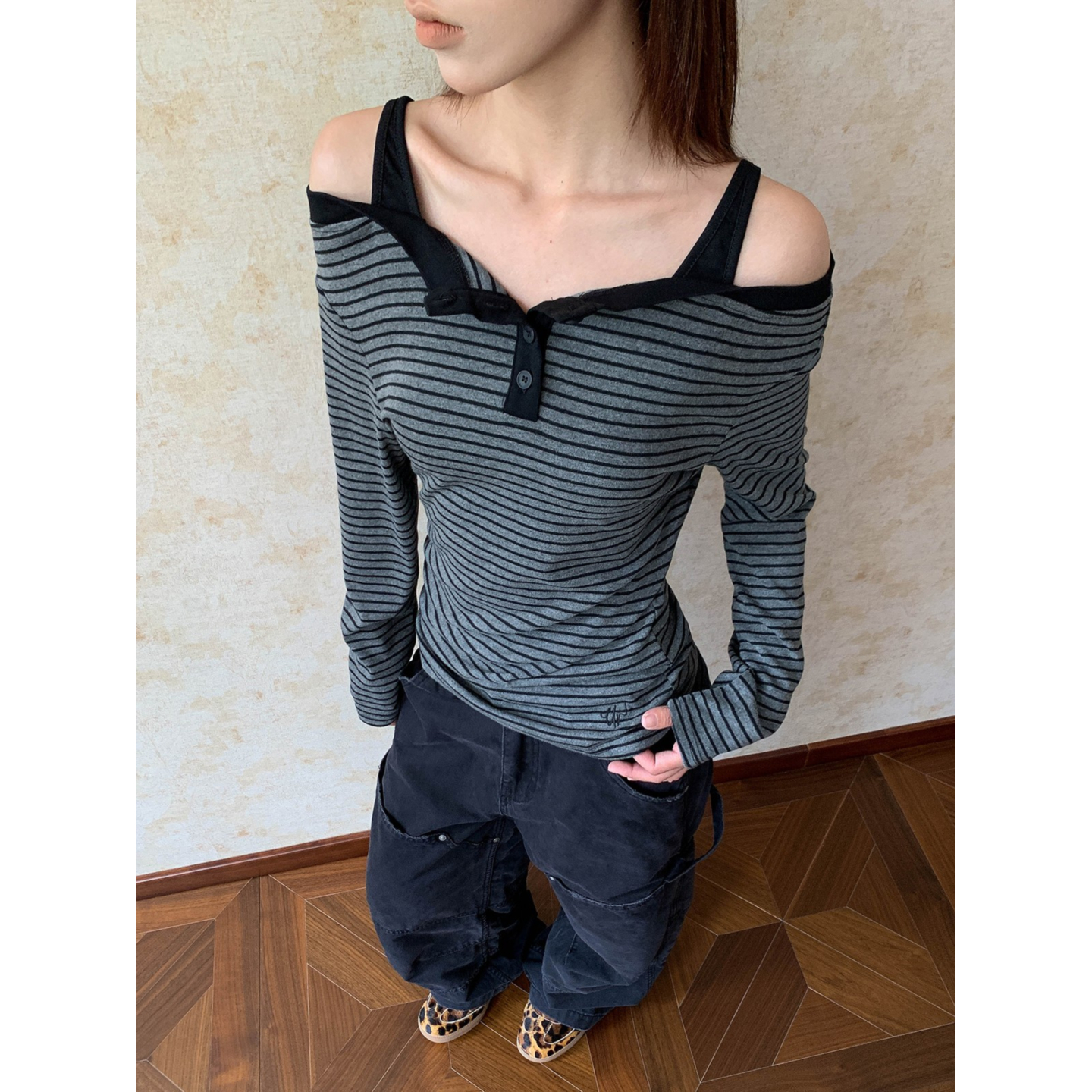 大码美式复古条纹一字肩长袖T恤