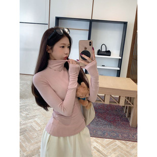 打底上衣 t恤女秋冬德绒弹力修身 大码 胖mm韩系纯色半高领正肩长袖