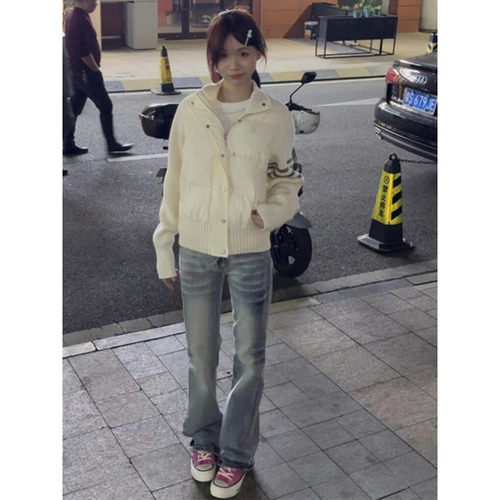 大码胖mm美式复古低腰微喇牛仔裤