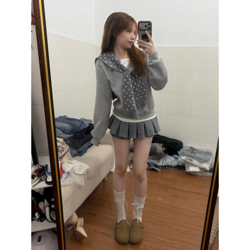 大码韩系波点披肩假两件长袖卫衣