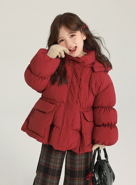 90绒儿童三防羽绒服2025冬季新款灯笼袖女童保暖加厚连帽短款外套