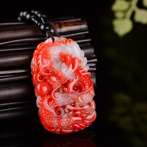 鸡血玉龙牌吊坠男女款和田玉生肖龙挂件金丝玉龙玉牌项链玉石玉坠