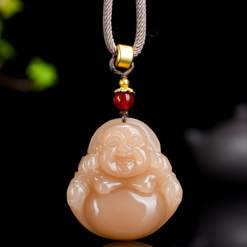天然和田玉糖料佛公吊坠藕粉色女款大肚佛挂件玉石弥勒佛百搭项链
