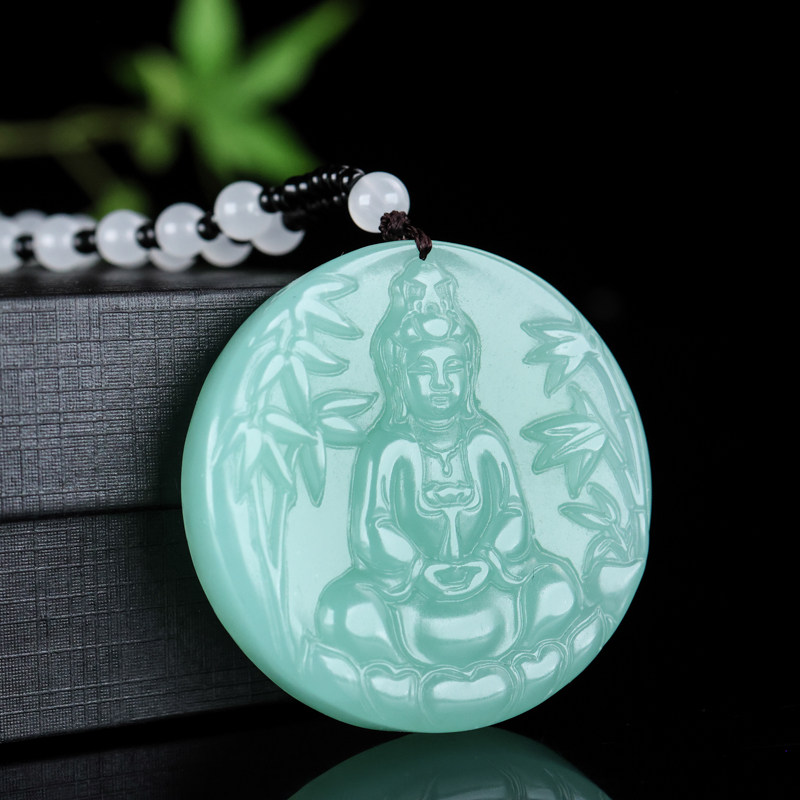 雕刻和田玉青白玉双面 坐观音菩萨雕刻玉石 男女款项链湖水绿玉佩