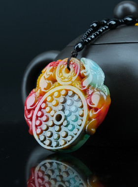双面天然仿古件彩玉貔貅招财转运双兽玉石聚财挂件玉璧男女款玉佩