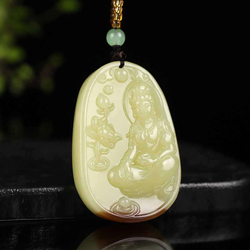 和田玉青白玉带糖吊坠男女款玉石观音平安牌项链双面雕刻莲花玉坠