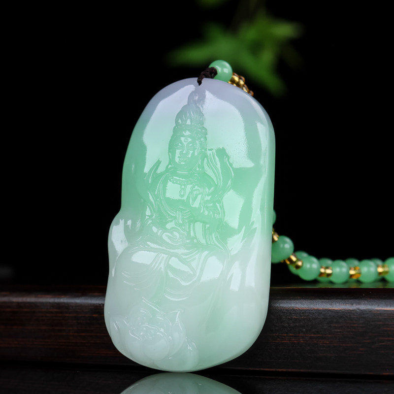 三色新疆烟紫玉莲花观音菩萨 白玉带翠玉石坐观音平安挂件男女款