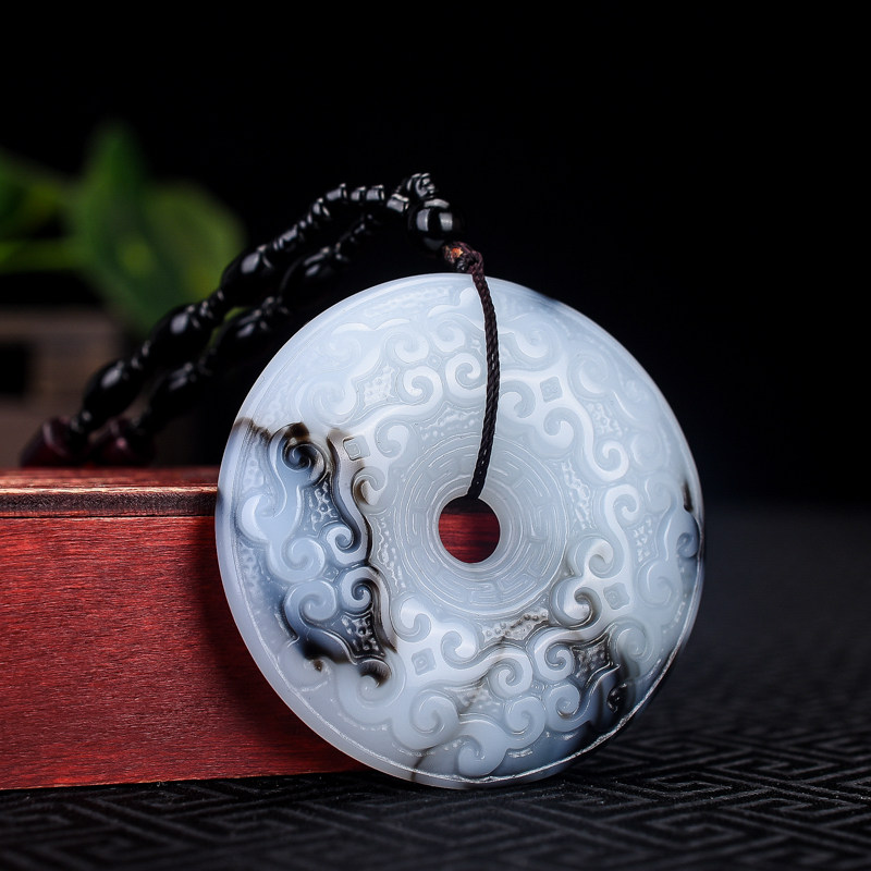 仿古件天然青花玉祥云雕刻男女款项链玉坠平安扣玉石挂件毛衣项链