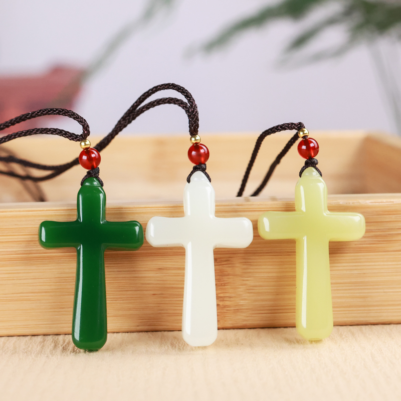 新疆和田玉碧玉平安无事十字架吊坠菠菜绿男女款挂件天然玉石项链