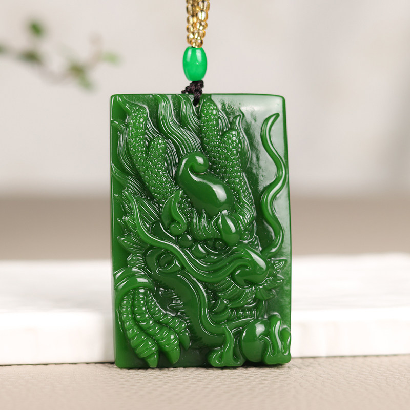 龙牌和田玉碧玉吊坠生肖龙立体玉石男女款挂件生意兴隆菠菜绿玉佩