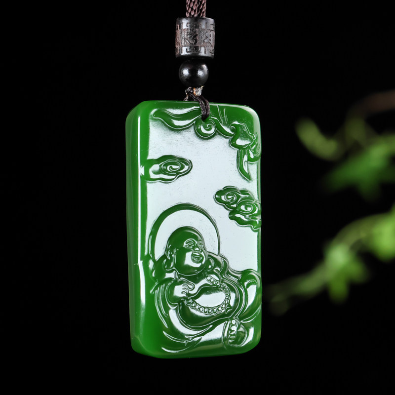 新疆和田玉双面碧玉雕刻弥勒佛挂件玉石大肚笑佛公纳福菠菜绿吊坠