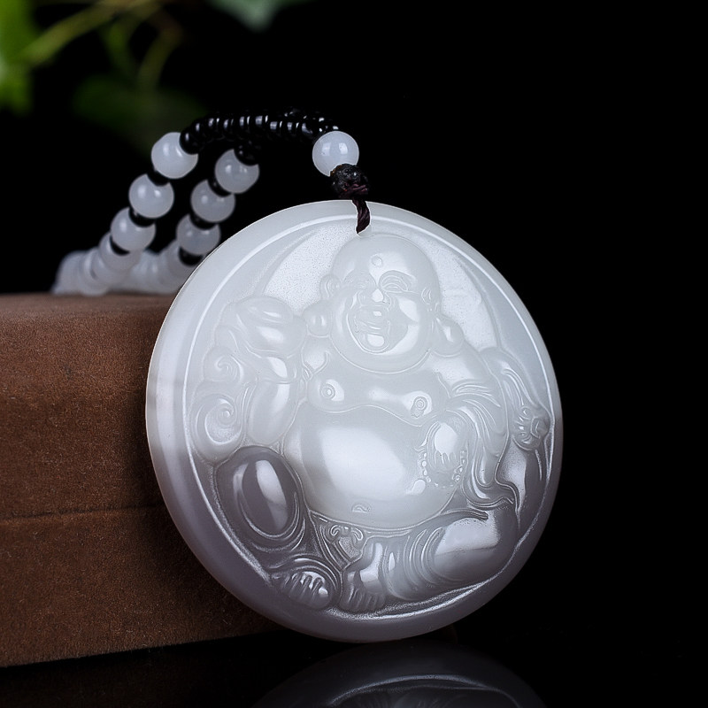 新疆和田玉大肚笑佛吊坠烟紫玉带白男女款项链弥勒佛玉石挂件玉坠