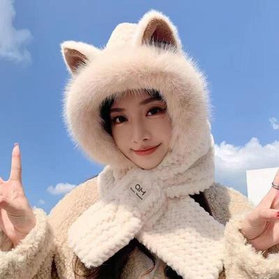 帽子秋冬女帽子围巾一体可爱高级感加绒加厚防风保暖毛绒帽子冬季