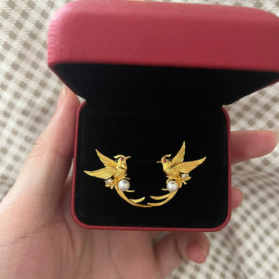 新中式仿真黄金色超闪凤凰贝珠耳钉时尚复古高级感耳环送女友礼物