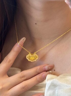 金色仿真莲花如意锁项链女
