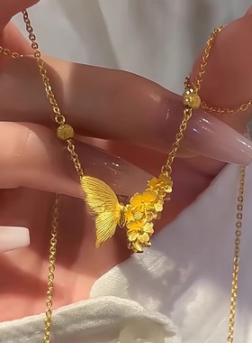 新中式金色蝴蝶繁花锁骨链女设计感2025新款时尚项链半花百搭饰品