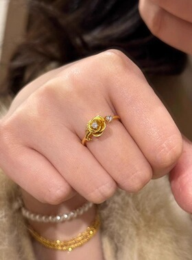 新款黄金色轻奢复古拉丝玫瑰花闪钻戒指女百搭高级感指戒小众指环