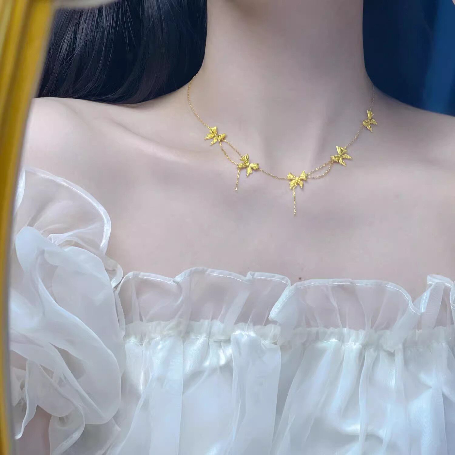 绝美！！在逃公主黄金冰川蝴蝶结项链仙气宫廷风 ins甜美锁骨链女