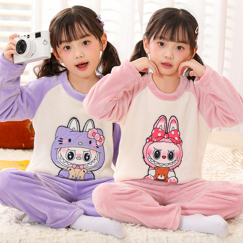 儿童睡衣法兰绒秋冬女童卡通拉布布宝宝可爱保暖加厚家居服珊瑚绒