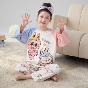 套装 拉布布卡通家居服小女孩空调服薄款 薄款 女童睡衣春秋仿棉长袖