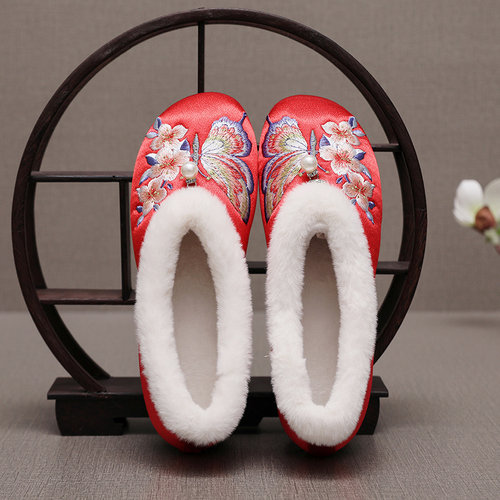 保暖绣花棉鞋牛津软底防滑耐折