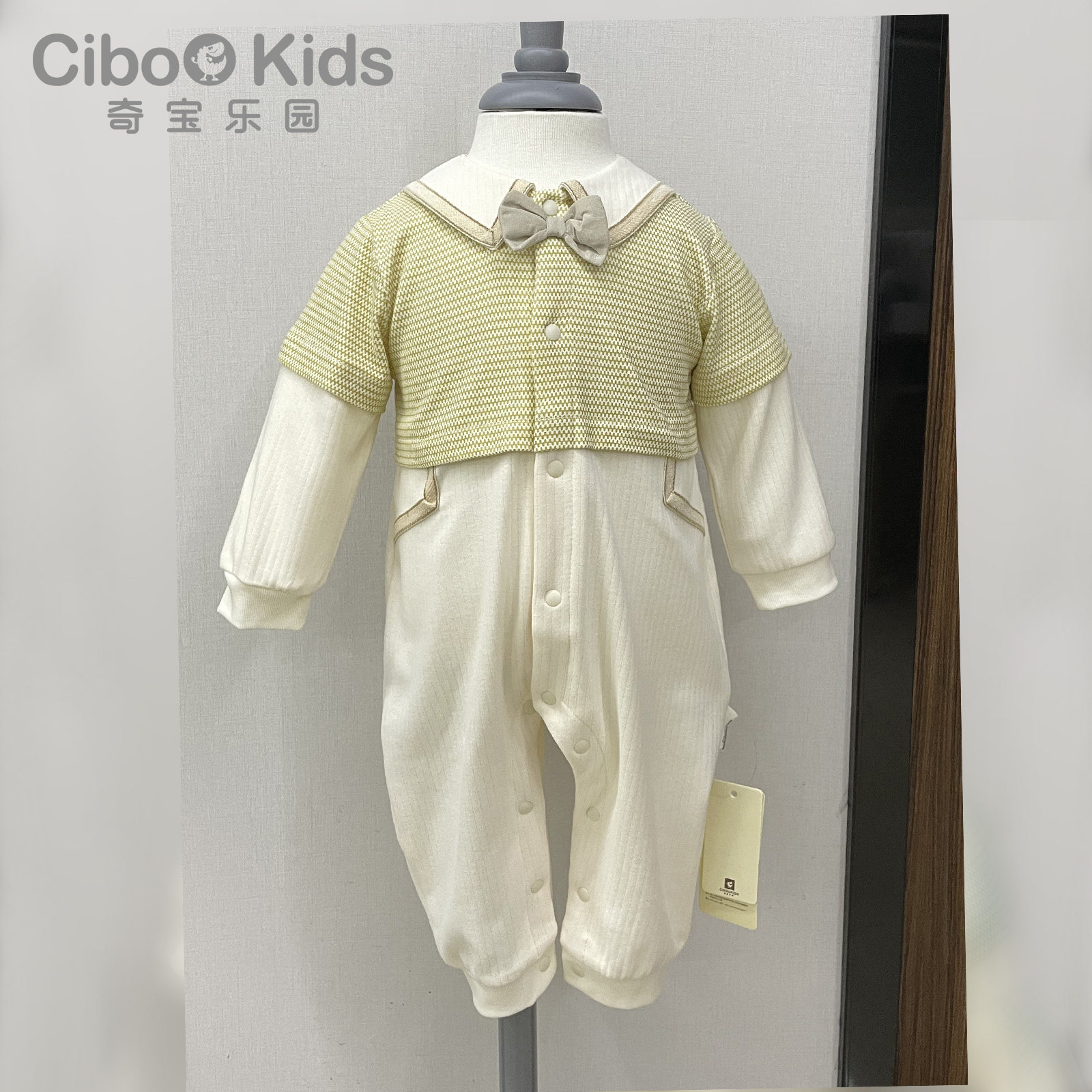 奇宝乐园春季男婴绅士领结哈衣婴儿假两件翻领长袖连体衣礼服爬服