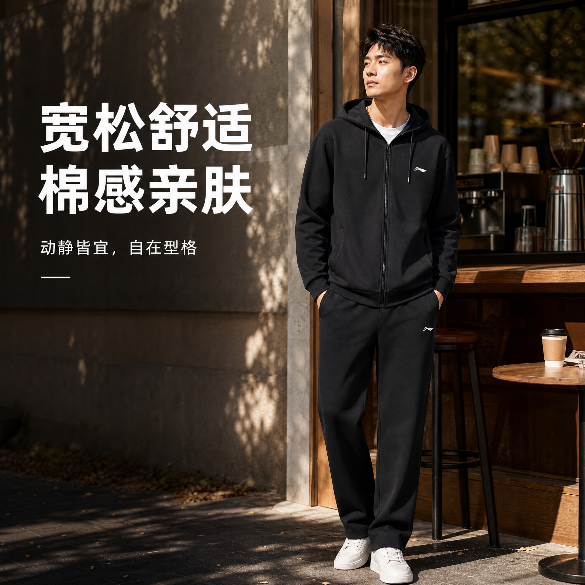 李宁运动套装男长袖立领开衫宽松休闲两件套百搭晨跑健身跑步长裤
