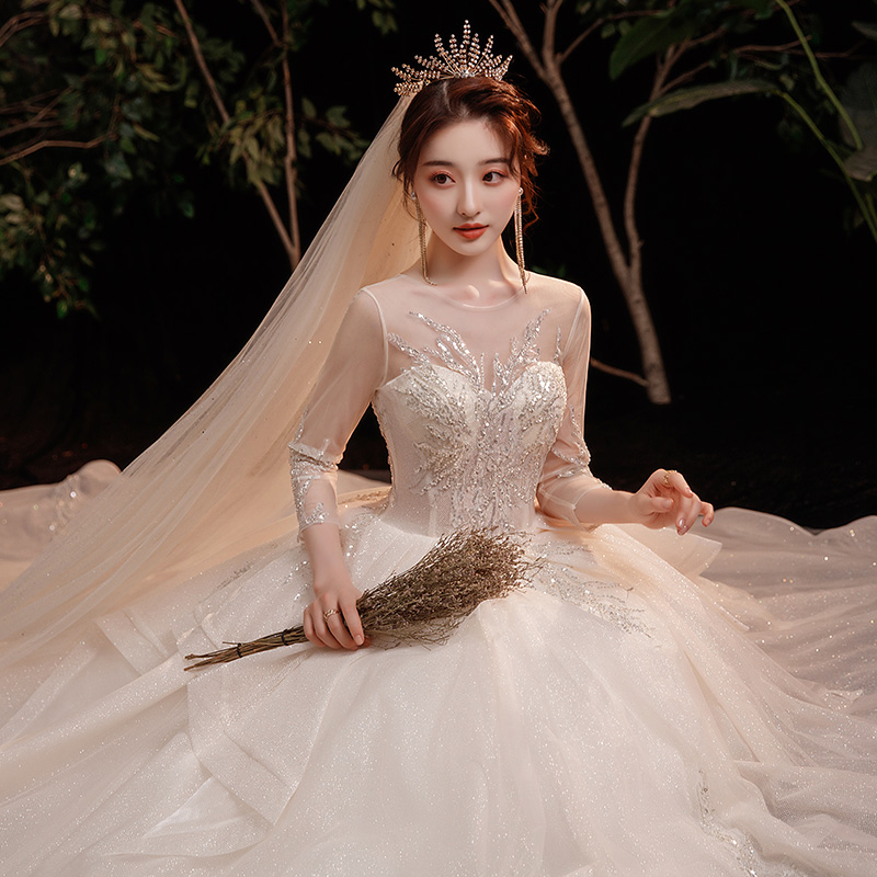 长袖主婚纱宫廷款拖尾巴洛克婚纱2020新款大码长拖尾森系超仙梦幻