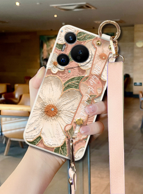 油画白茶花适用于华为Pura70pro手机壳Pura70Ultra新款p60花朵p50pro高级p40女款硅胶p30斜挎挂绳p20保护套
