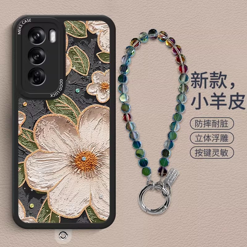油画茶花适用于opporeno12手机壳Reno14Pro新款reno11小清新pro高级reno9女款reno8皮纹硅胶reno7防摔6外壳