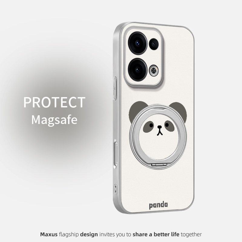 圆脸熊猫适用opporeno13手机壳Reno15新款卡通reno12男女款高级感磁吸支架reno11pro皮纹全包防摔保护套