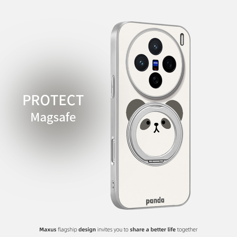 圆脸熊猫适用vivox200手机壳x300Pro新款卡通x300男女款高级感磁吸支架x100pro皮纹全包防摔保护套