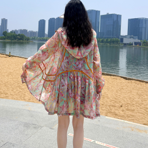 YUEZHE夏季户外连帽防晒衣女2025时尚印花防晒服宽松休闲薄款上衣