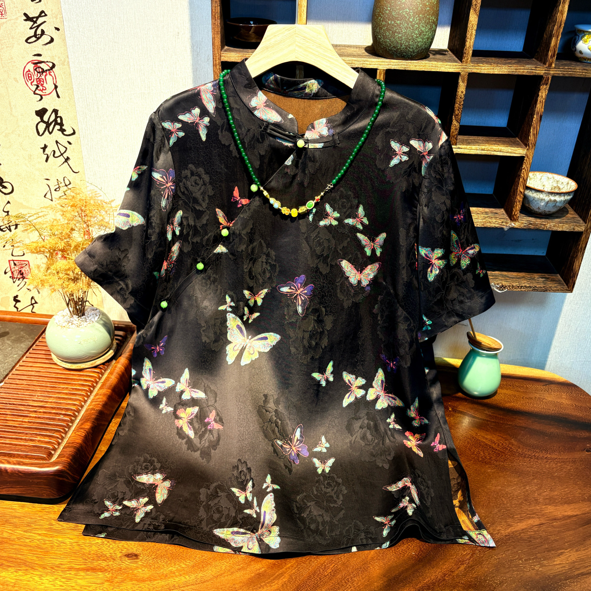 YUEZHE 蝴蝶提花中式短袖薄款上衣2025夏季复古民族风半袖百搭