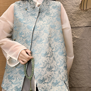 【水麟】新中式马甲中国风印花提花网红时尚夏季复古日常民斜襟