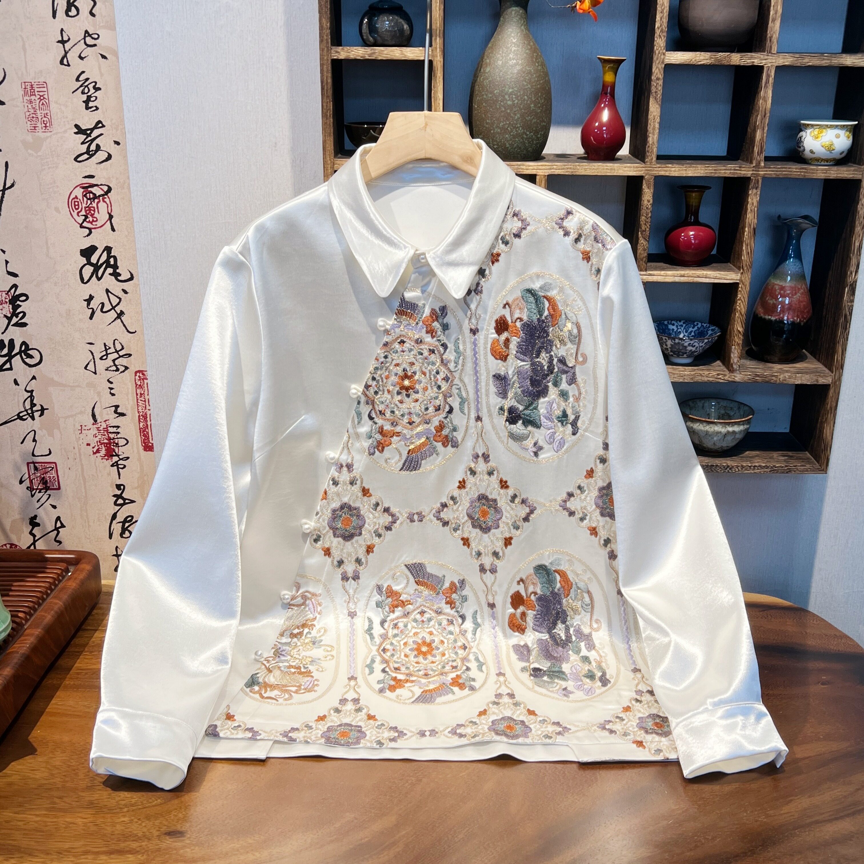 YUEZHE春款重工刺绣西装领国风长袖衬衫2026宽松厚款设计款上衣