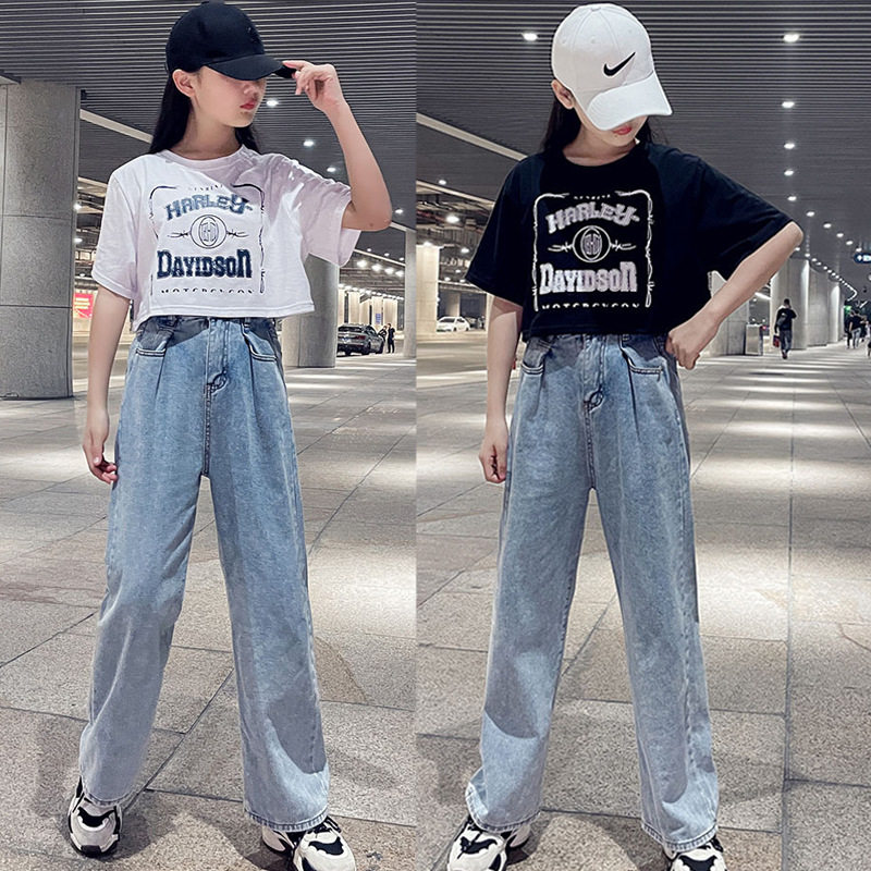女童套装夏季大童8洋气韩版T桖儿童夏装10阔腿牛仔裤子两件套12岁