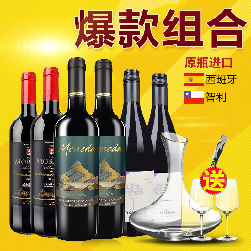 红酒整箱 智利西班牙原瓶进口干红葡萄酒6支组合装