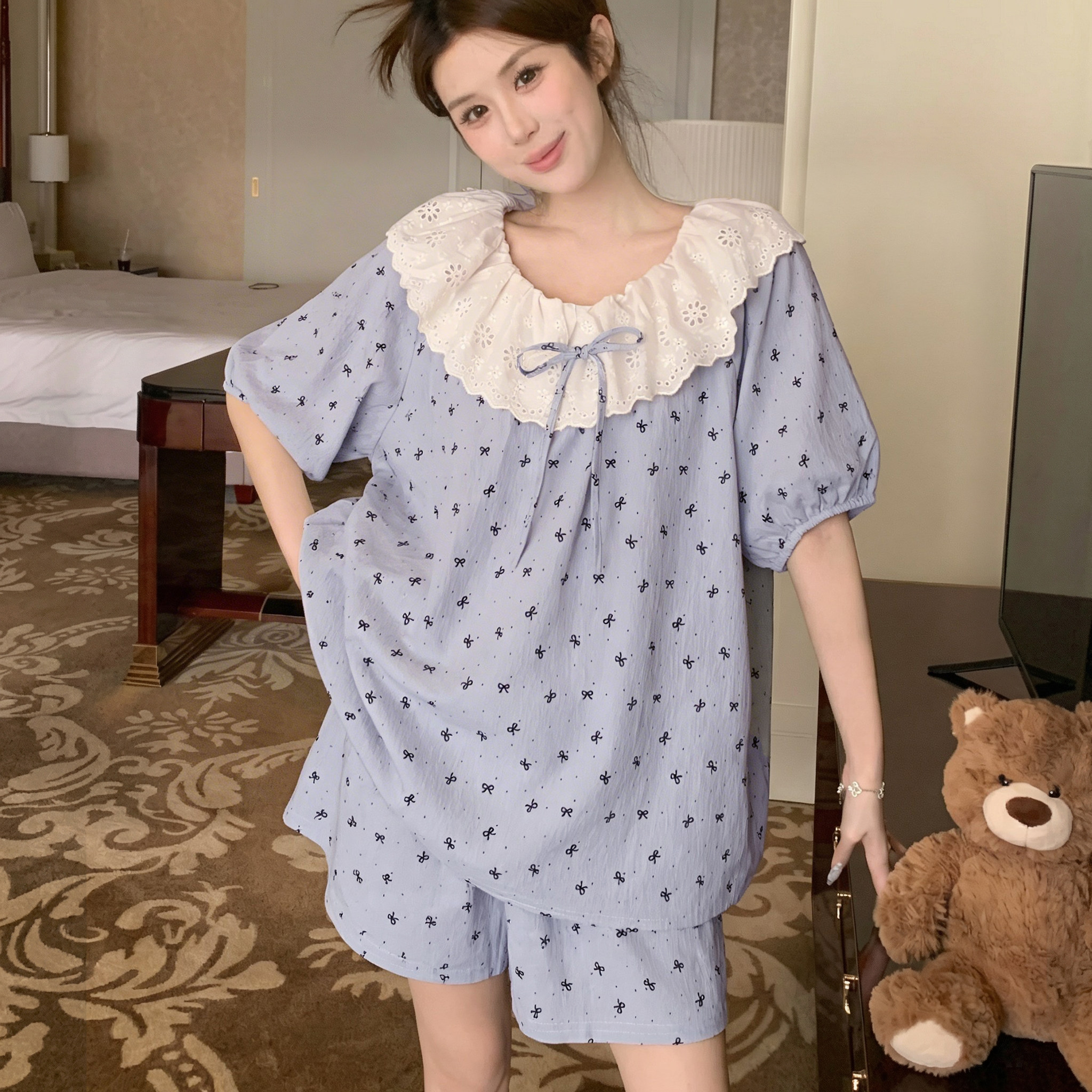 睡衣女夏季短袖云朵棉浅蓝蝴蝶结蕾丝花边宽松外穿甜美家居服套装