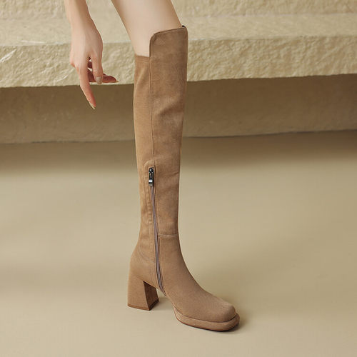 猫哥手工女鞋2023秋冬新款绒面粗跟弹力瘦瘦靴女高跟方头过膝长靴