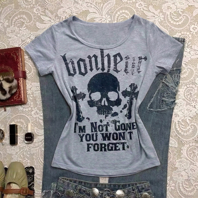 美式骷髅头字母印花收腰T恤女夏季辣妹修身显瘦短款正肩短袖上衣